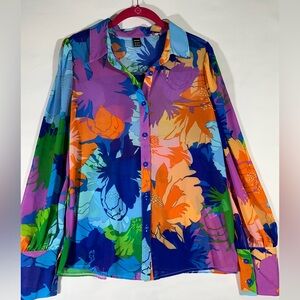 GOMORN FLORAL TROPICAL SHEER WOMEN BLOUSE BUTTON UP LANTERN SLEEVE M MULTICOLOR‎